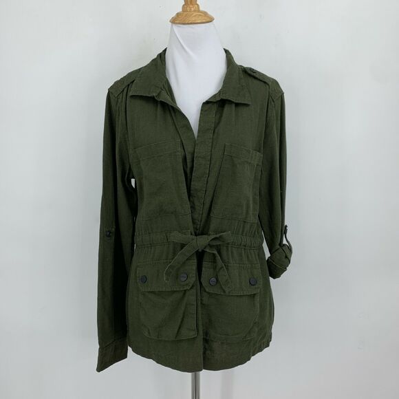 Sanctuary Linen Blend Utility Jacket Womens S Small Olive Green Belted Pockets - Picture 2 of 8